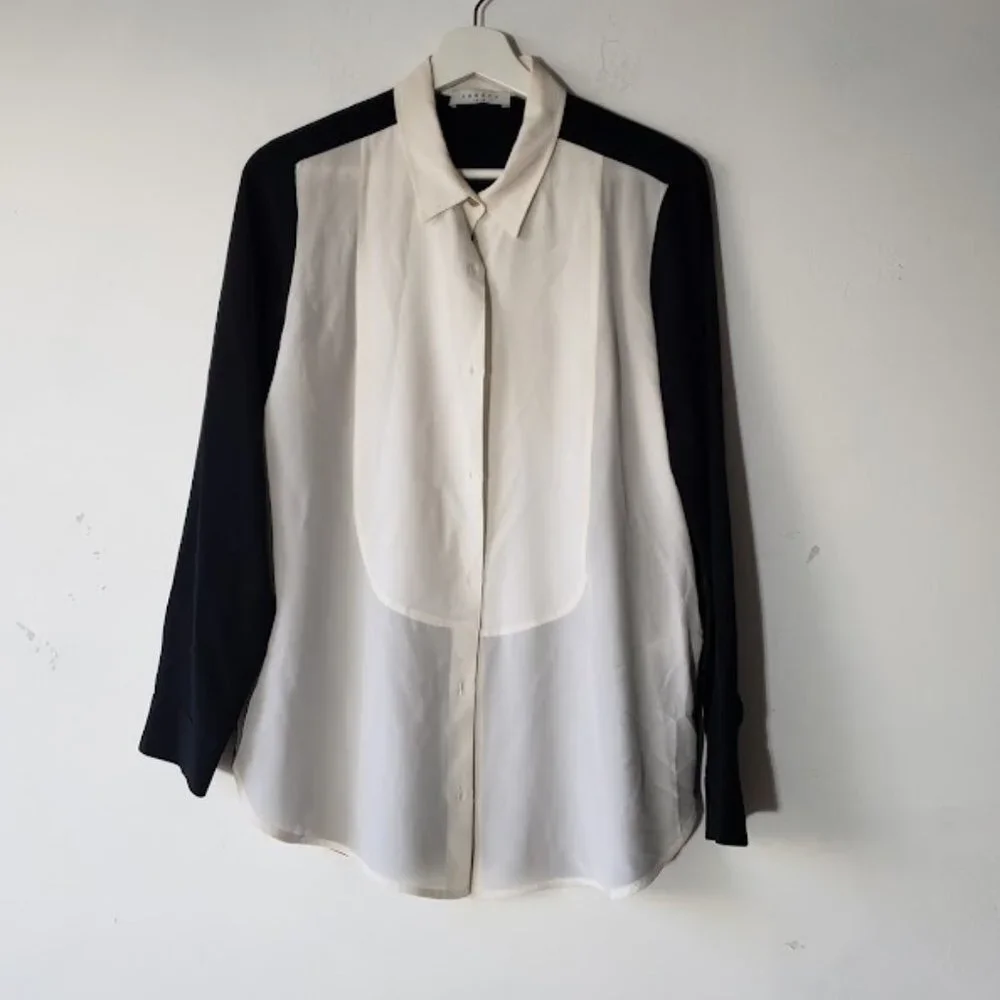 Sandro Paris Black and White Contrast Button Down 100% Silk Top - Picture 3 of 7